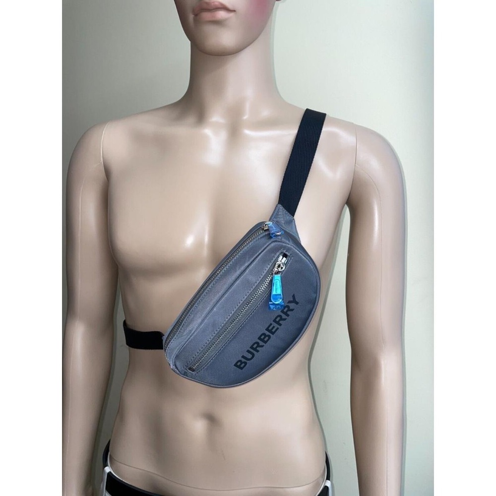 100% Authentic！Burberry Gray Belt Bag with Black Strap and Silver Zipper